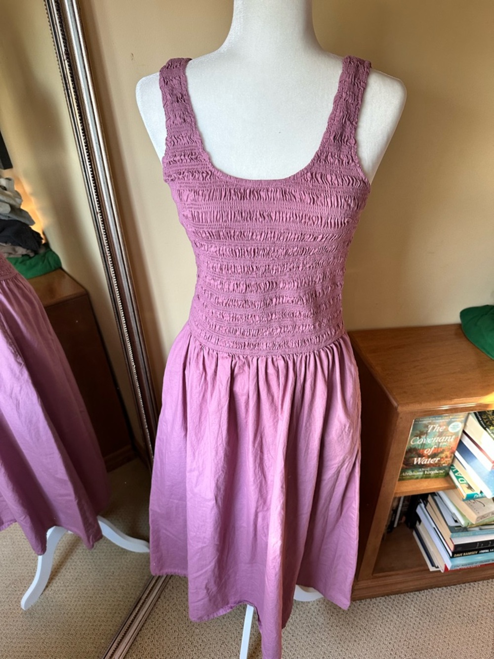 Sincerely Jules Mauve Smocked Midi Dress  100% Cotton Pockets Purple Boho Sz S/M